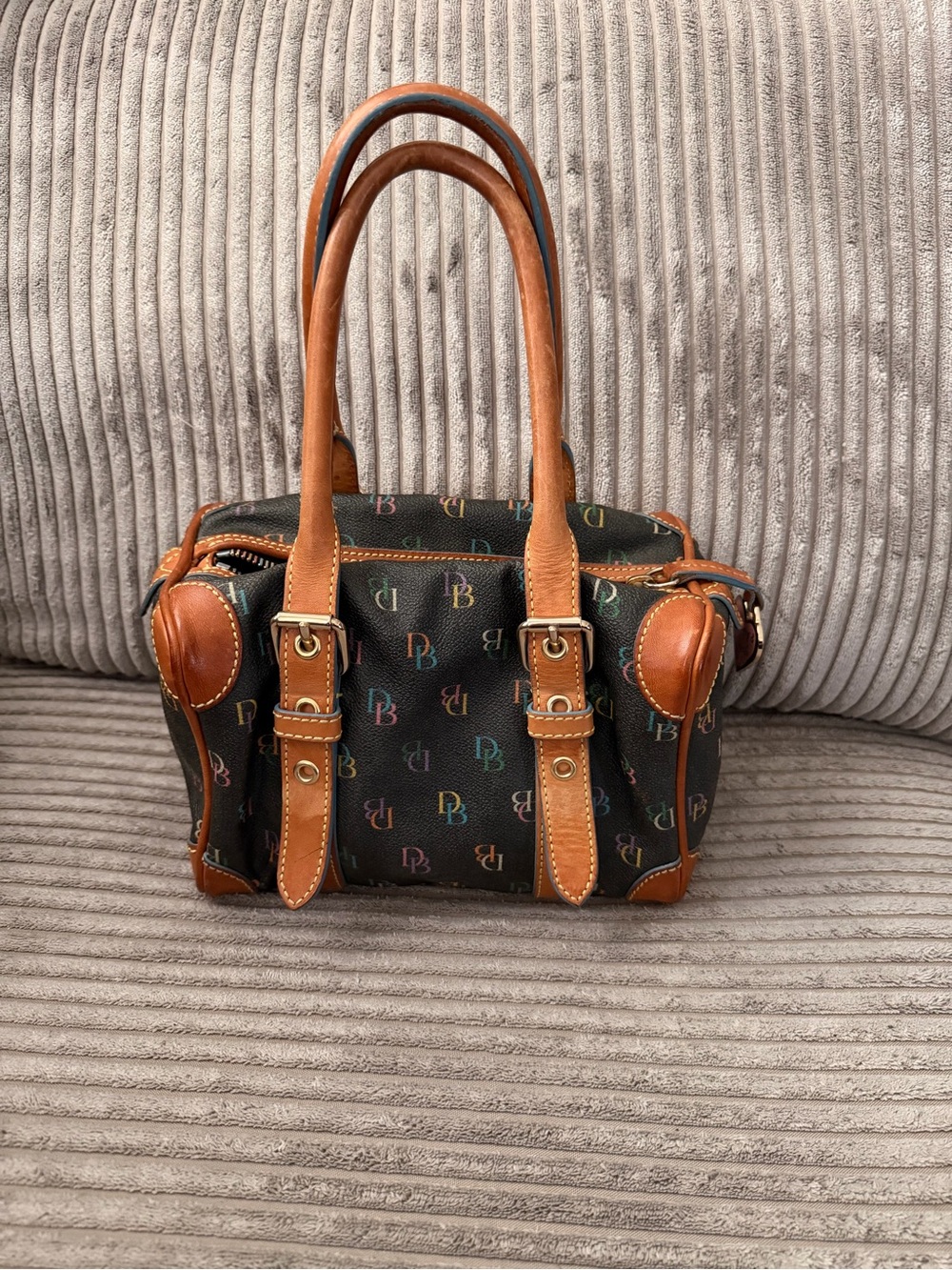 Dooney & Bourke Black Multicolor DB Logo Satchel with Tan Leather Trim